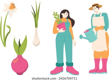 Colorful gardenic tools and plant vector elements