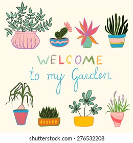 Colorful gardening illustration, Hand drawing set of pot plants