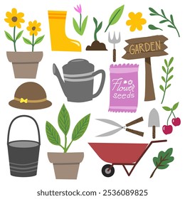 Colorful gardening supplies illustration: flower pots, watering can, shovel, wheelbarrow, boots, hat, and plants. Perfect for garden-themed designs and nature-inspired decor