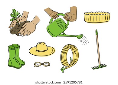 Colorful gardening tools and accessories illustration featuring planting, watering, boots, a hat, a hose, a rake, and glasses, representing outdoor work, nature care, and farming. Vector doodle set