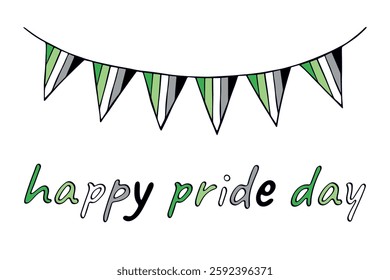 Colorful garland Aromantic pride flag Happy pride day LGBTQIA community Pride Month Vector hand drawn doodle for posters, stickers, logo, cards