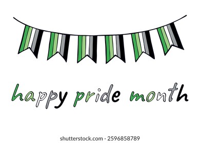 Colorful garland Aromantic pride flag Happy pride day LGBTQIA community Pride Month Vector hand drawn doodle for posters, stickers, logo, cards