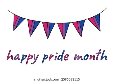 Colorful garland Bisexual pride flag Happy pride day LGBTQIA community Pride Month Vector hand drawn doodle for posters, stickers, logo, cards