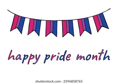 Colorful garland Bisexual pride flag Happy pride day LGBTQIA community Pride Month Vector hand drawn doodle for posters, stickers, logo, cards