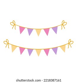 Colorful Garland In The Form Of Triangles And Pennants Is Highlighted On A White Background. Vector Rectangular Flags For Decorating Holidays. Illustration For Postcards, Invitations, Banner Design