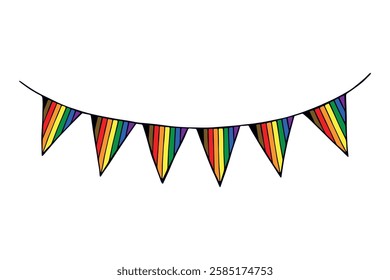 Colorful garland Gay pride flag Happy pride day LGBTQ community Pride Month Vector hand drawn doodle for posters, stickers, logo, cards