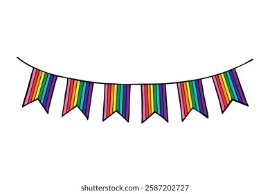 Colorful garland Gay pride flag Happy pride day LGBTQ community Pride Month Vector hand drawn doodle for posters, stickers, logo, cards