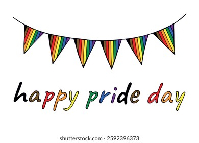 Colorful garland Gay pride flag Happy pride day LGBTQIA community Pride Month Vector hand drawn doodle for posters, stickers, logo, cards