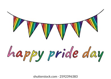 Colorful garland Gay pride flag Happy pride day LGBTQIA community Pride Month Vector hand drawn doodle for posters, stickers, logo, cards