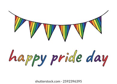 Colorful garland Gay pride flag Happy pride day LGBTQIA community Pride Month Vector hand drawn doodle for posters, stickers, logo, cards