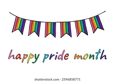 Colorful garland Gay pride flag Happy pride day LGBTQIA community Pride Month Vector hand drawn doodle for posters, stickers, logo, cards