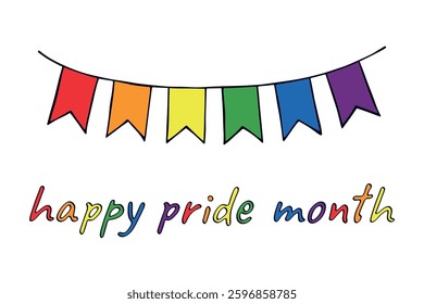 Colorful garland Gay pride flag Happy pride day LGBTQIA community Pride Month Vector hand drawn doodle for posters, stickers, logo, cards