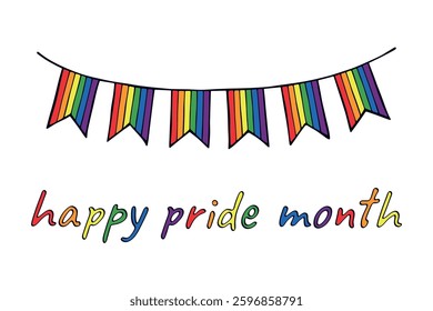 Colorful garland Gay pride flag Happy pride day LGBTQIA community Pride Month Vector hand drawn doodle for posters, stickers, logo, cards