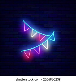 Colorful garland neon icon. Birthday party decoration. Happy new year and Christmas design. Season holiday. Shiny label on brick wall. Editable stroke. Vector stock illustration
