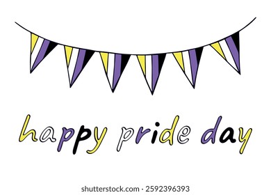 Colorful garland Non-binary pride flag Happy pride day LGBTQIA community Pride Month Vector hand drawn doodle for posters, stickers, logo, cards