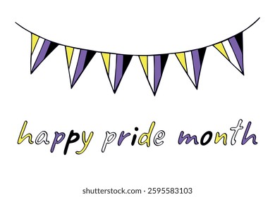 Colorful garland Non-binary pride flag Happy pride day LGBTQIA community Pride Month Vector hand drawn doodle for posters, stickers, logo, cards