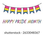Colorful garland Pansexual pride flag Happy pride day LGBTQIA community Pride Month Vector hand drawn doodle for posters, stickers, logo, cards