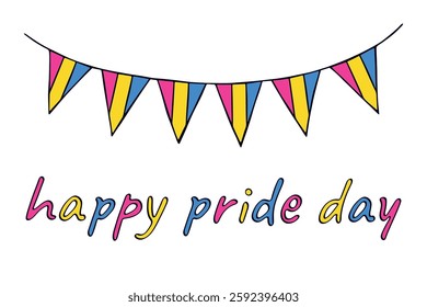 Colorful garland Pansexual pride flag Happy pride day LGBTQIA community Pride Month Vector hand drawn doodle for posters, stickers, logo, cards