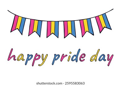 Colorful garland Pansexual pride flag Happy pride day LGBTQIA community Pride Month Vector hand drawn doodle for posters, stickers, logo, cards