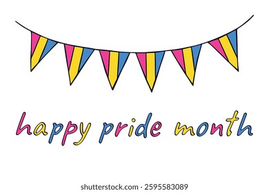 Colorful garland Pansexual pride flag Happy pride day LGBTQIA community Pride Month Vector hand drawn doodle for posters, stickers, logo, cards