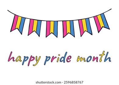 Colorful garland Pansexual pride flag Happy pride day LGBTQIA community Pride Month Vector hand drawn doodle for posters, stickers, logo, cards