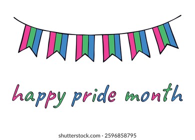 Colorful garland Polysexual pride flag Happy pride day LGBTQIA community Pride Month Vector hand drawn doodle for posters, stickers, logo, cards