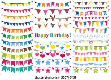 Colorful garlands birthday, set of ornaments. Vector illustration