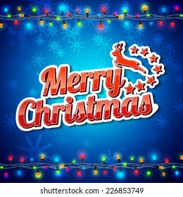 Colorful garlands and congratulations on a blue background. Christmas and new year background. Vector illustration.