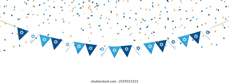 Colorful garlands made of paper flags for Hanukkah. Hanging pennant decoration.