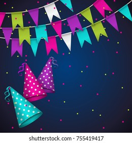 Colorful garlands on blue background. Party colorful bunting flags. Vector , party pennants with different forms. Birthday decoration. Hanging colored flags and soaring confetti and dotted party hat