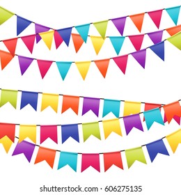 Colorful garlands on white background. Party colorful flags in modern flat style. Vector illustration