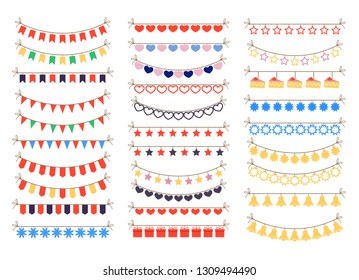 Colorful garlands ornament celebration decoration elements isolated set. Vector flat cartoon character illustration set