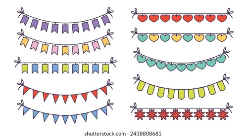 Colorful garlands ornament celebration decoration elements isolated set. Vector flat cartoon character illustration set