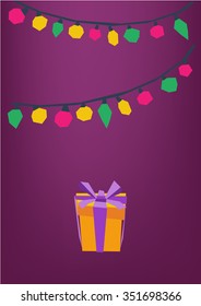 Colorful garlands and present box on a purple background, greeting card. Colorful paper craft design, cut out by scissors from paper. Vector collage illustration.