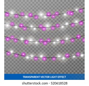 Colorful garlands of purple and white, Christmas decorations. Vector isolated realistic glowing garland of white filaments backlight. Christmas, New Year lights lamp design elements.