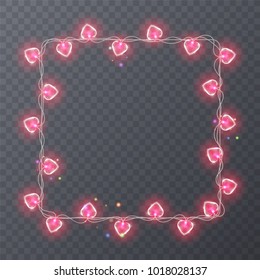 Colorful garlands with shape of hearts. Holiday decoration garland, vector frame with space for text