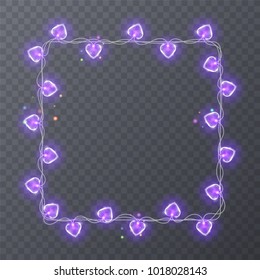 Colorful garlands with shape of hearts. Holiday decoration garland, vector frame with space for text