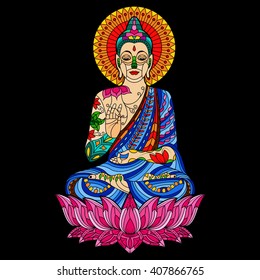 Colorful Gautam buddha on black background. vector illustration