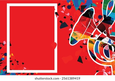 Colorful G-clef with gramophone horn isolated vector illustration design. Music background. Retro phonograph horn with music notes, music festival poster, concert events, party flyer