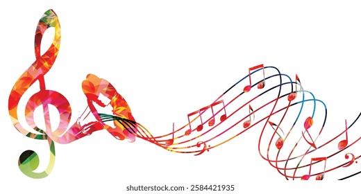 Colorful G-clef with gramophone horn isolated vector illustration design. Music background. Retro phonograph horn with music notes, music festival poster, concert events, party flyer