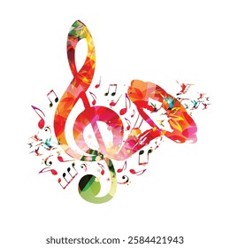 Colorful G-clef with gramophone horn isolated vector illustration design. Music background. Retro phonograph horn with music notes, music festival poster, concert events, party flyer