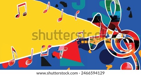 Colorful G-clef with gramophone horn isolated vector illustration design. Music background. Retro phonograph horn with music notes, music festival poster, concert events, party flyer.