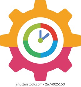 Eine farbenfrohe Ausrüstung mit einem Zifferblatt im Inneren, die Zeitmanagement, Effizienz und Geschäftsabläufe symbolisiert. Einzeln auf sauberem, weißem Hintergrund für vielseitige Nutzung.