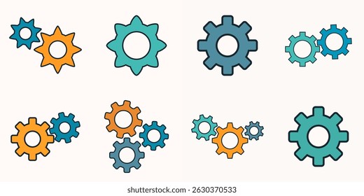 Colorful gear and cogwheel icons in flat style for settings, engineering, automation, and mechanical concepts