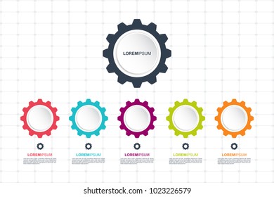 Colorful Gear Infographics elements template. Graphic chart for business. Timeline Infographic layout with gear icons set. Modern and flat background.