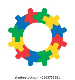 Colorful gear puzzle made of geometric connectors. Vector isolated on white background.	