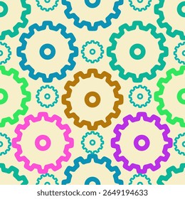 Colorful gear seamless pattern suitable for backgrounds, engineering, technology, mechanics, industrial concepts, and manufacturing companies marketing materials and designs.