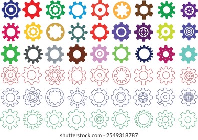 Ícones de vetores de engrenagens coloridas definidos em vários estilos. engrenagens delineiam e preenchem ilustrações de roda dentada perfeitas para tecnologia, mecânica, engenharia, projetos de design ou conceitos criativos