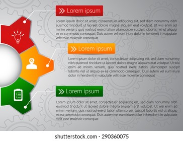 Colorful Gears with  Business Icon and Text Information on Abstract Gear Icon Background, 3 Options, Financial and Business Infographic, Vector Illustration.
