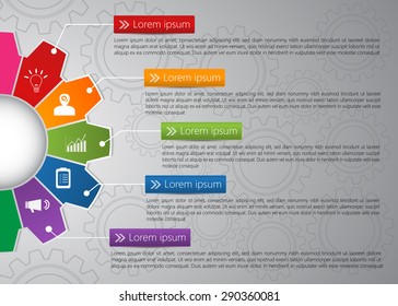 Colorful Gears with  Business Icon and Text Information on Abstract Gear Icon Background, 5 Options, Financial and Business Infographic, Vector Illustration.